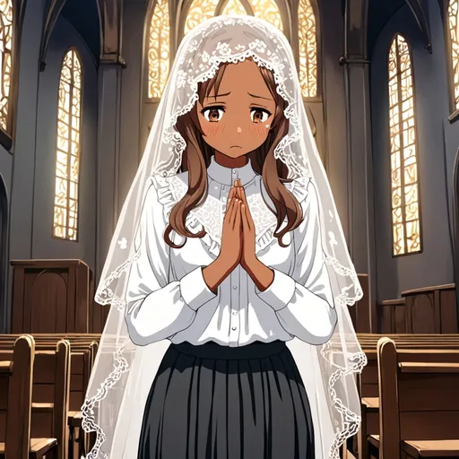 Prompt: anime, girl, long wavy brown hair, white lace veil on head, brown eyes, dark skin, black maxi skirt, white ruffled blouse, embarrassed, shy, cute, praying