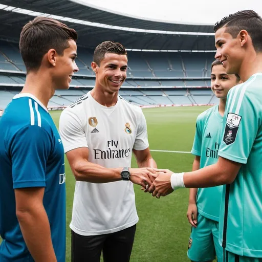 Prompt: 3 teenagers meeting the one football star cristiano Ronaldo at a football stadium