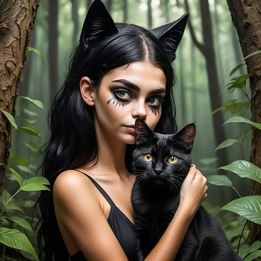 Prompt: uma bruxa bonita na floresta com um gato preto