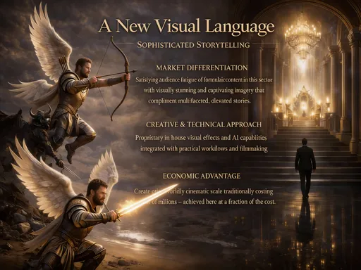 Prompt: Regenerate this image and make the people look more photorealistic.
Take off the logo "PBG Films" at the bottom
Do not change any of the text.
Do not change the color palette.
Can you make the person at the top have a bow and arrow instead of a sword?