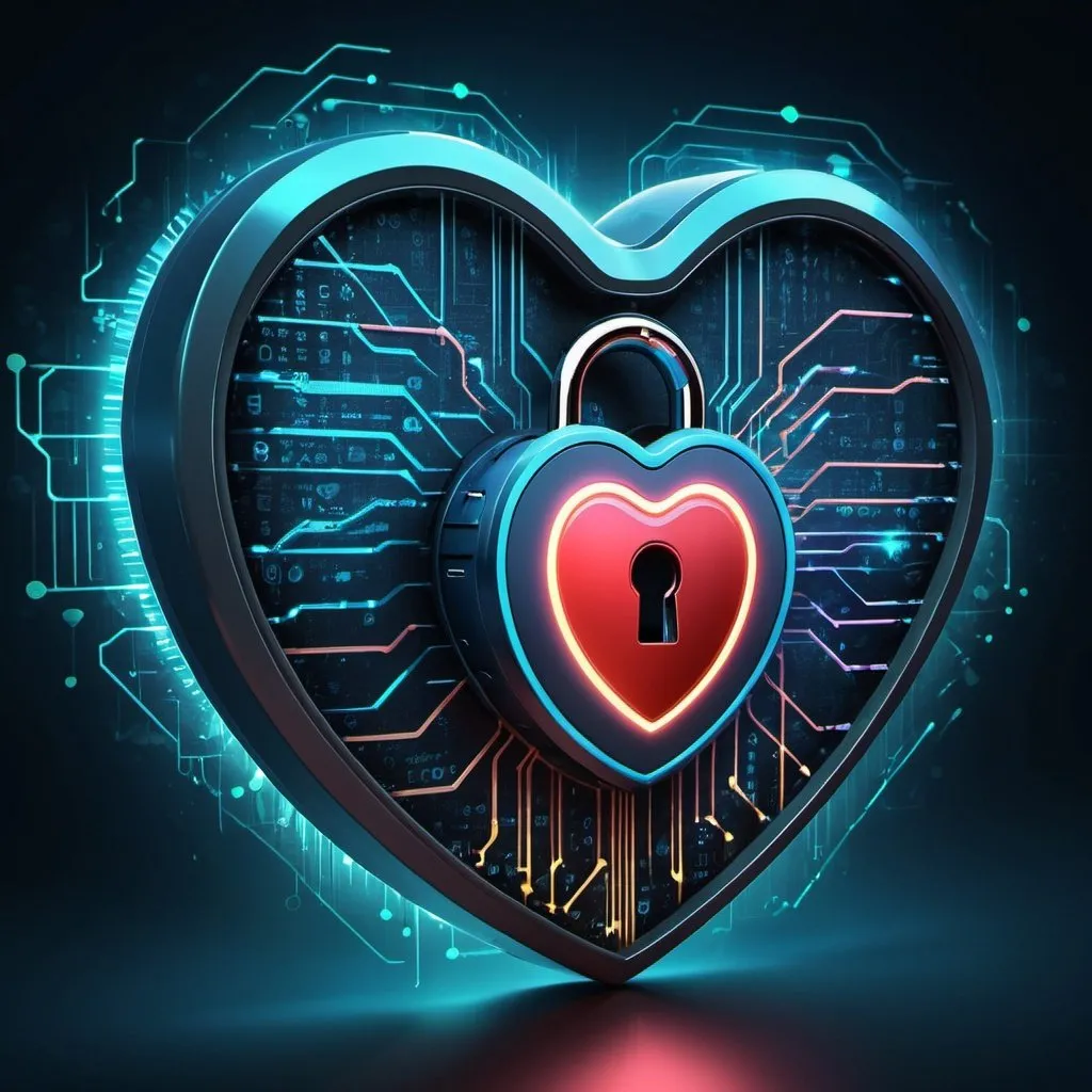 Prompt: Financial Security Heartbeat Tamers, digital illustration, futuristic technology, heart-shaped security lock, glowing data streams, professional, sleek design, high-tech security system, cybersecurity concept, cool tones, futuristic lighting, best quality, highres, ultra-detailed, digital art, futuristic, cybersecurity, heart-shaped lock, glowing data streams, professional design, sleek, advanced technology