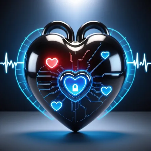 Prompt: Financial Security Heartbeat Tamers, heart-shaped, security lock inside heart shape, gloving blue heart, professional, futuristic lighting, ultra-detailed, heartbeat in the background, red heart shaped gloving border inside blue glowing heart.