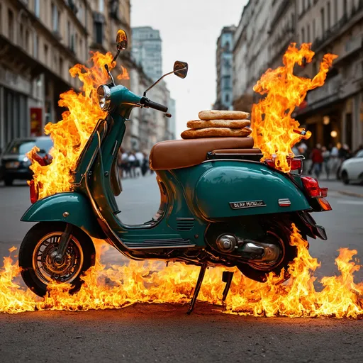 Prompt: (vibrant image of a vespa), wheels engulfed in flames, loaves of bread stacked on its rear carrier, dynamic energy, warm fiery colors, contrasting with the golden brown of the bread, urban backdrop with blurred buildings in the distance, adventurous and quirky vibe, ultra-detailed, high quality, cinematic style, vivid lighting, playful atmosphere.