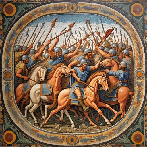 Prompt: A historical mosaic depicting an ancient battle, rich in detail and color.