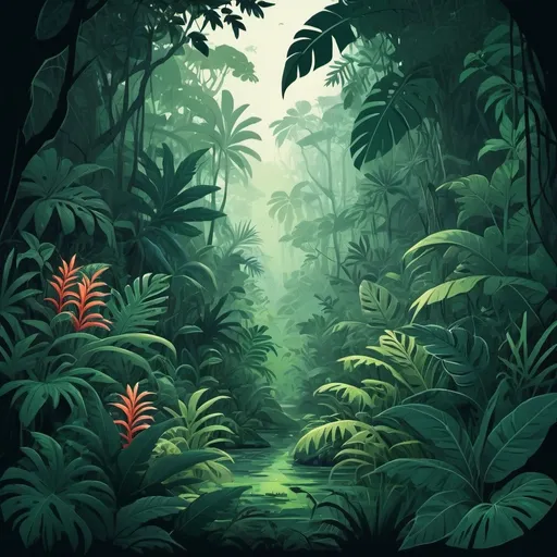 Prompt: (vector illustration of a jungle), lush greenery, with plants and flowers, intricate foliage, (layered depth), vibrant foliage in foreground, richly textured leaves, murky atmosphere, mysterious vibes, layers of undergrowth and diverse flora, (subtle shadows), cinematic illumination contrasting the vibrant greens, enchanting and enigmatic settings, more drawing style 