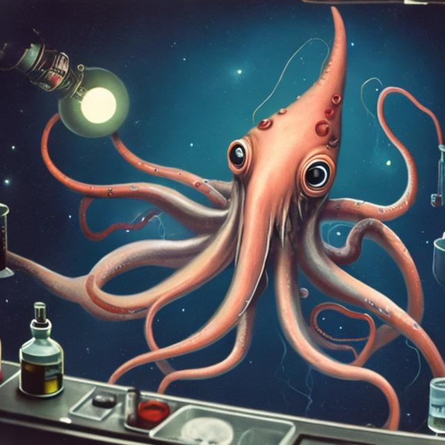 Prompt: giant squid wearing goggles in a dark chemistry lab in space