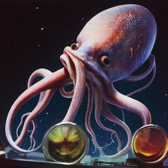 Prompt: giant squid wearing goggles in a dark chemistry lab in space