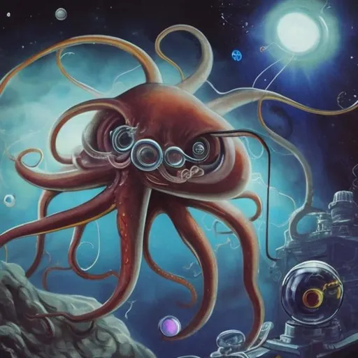 Prompt: giant squid wearing goggles in a dark chemistry lab in space