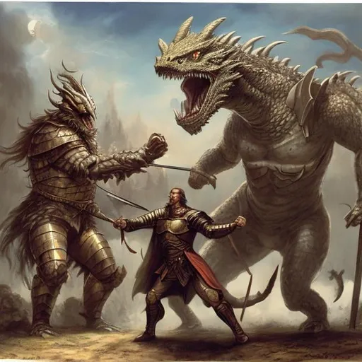 Prompt: A giant and Sir Lancelot fighting a dragon