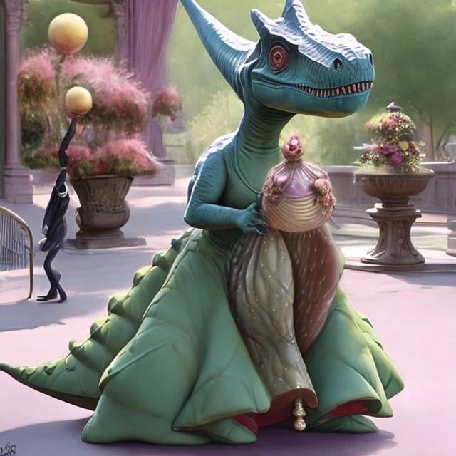 Prompt: dinosaur wearing a ballgown and hat while carrying a purse