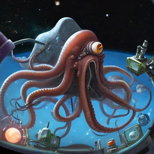 Prompt: giant squid wearing goggles in a dark chemistry lab in space