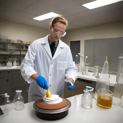 Prompt: an evil scientist baking a cake in a chemistry lab