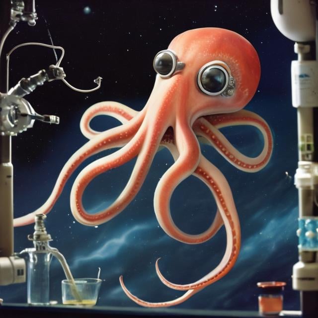 Prompt: giant squid wearing goggles in a dark chemistry lab in space