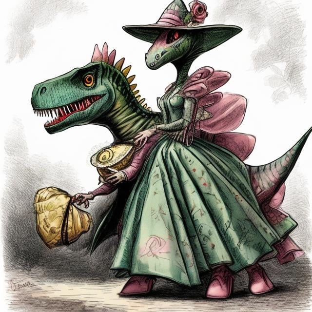 Prompt: dinosaur wearing a ballgown and hat while carrying a purse