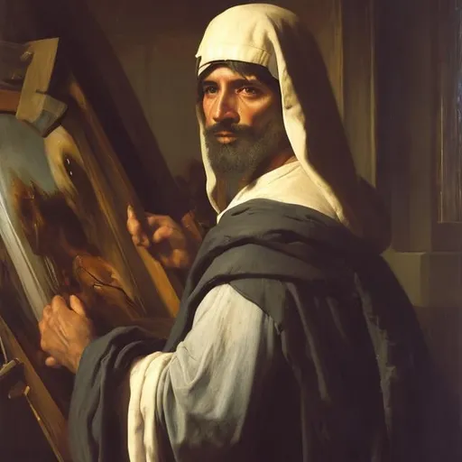 Prompt: a man wearing a large hood carrying a painting