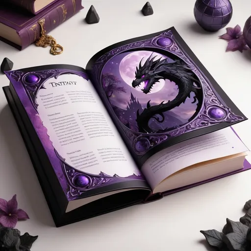 Prompt: A book template with top fantasy world details in black and purple colours