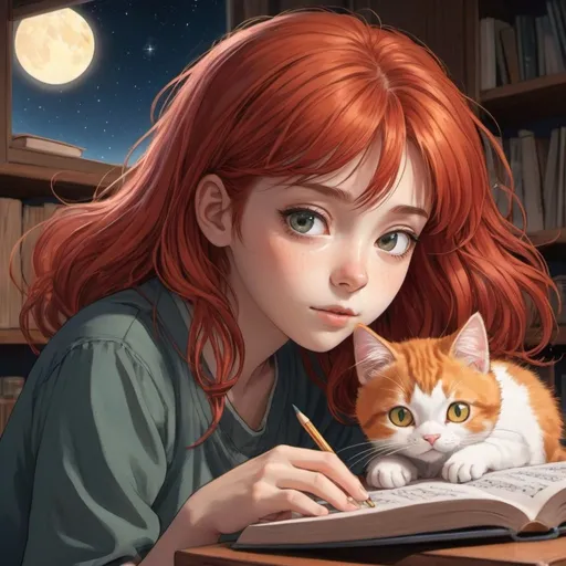 Prompt: vibrant anime Ghibli illustration of a girl with expressive red hair and eyes with star iris, high-res, ultra-detailed, professional, detailed hair, studying while listen music with her little cat. 
