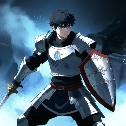 Prompt: 15-year-old boy in heavy armor, holding a sword in right hand and shield in left hand, black hair, determined expression, reliable, medieval fantasy, highres, detailed armor, heroic, dynamic pose, intense lighting, fantasy, blue eyes