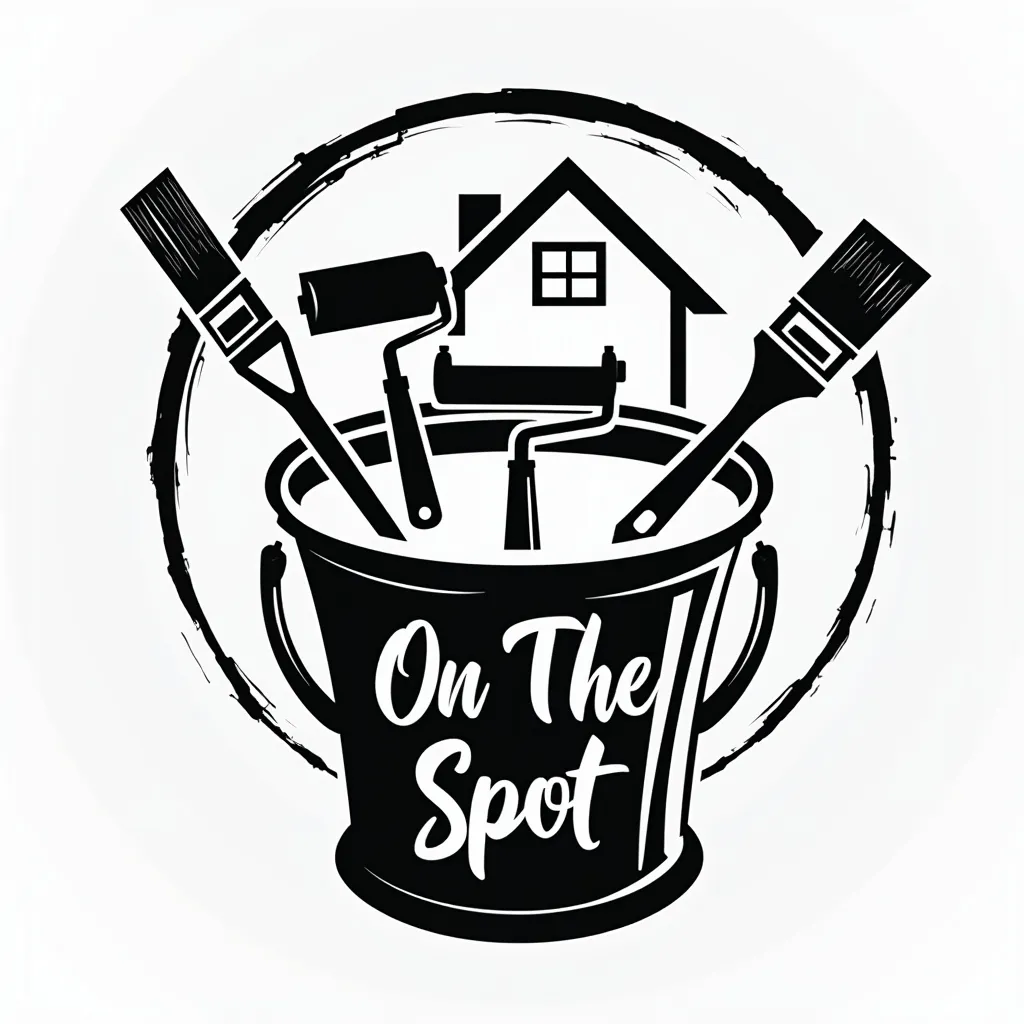 Prompt: Create logo for painting services business called “On The Spot LLC” black and white with paint bucket, paint rollers, brushes, paint sprayer and home In a circle