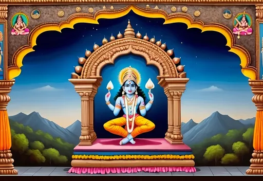 Prompt: a painting of a stage for hindu south indian pooja with vishnu god in paramapadam background. Use thanjavur painting art form, resembling sri vaikuntam, a detailed matte painting in 16:9 . make it very grand for printing on canvas