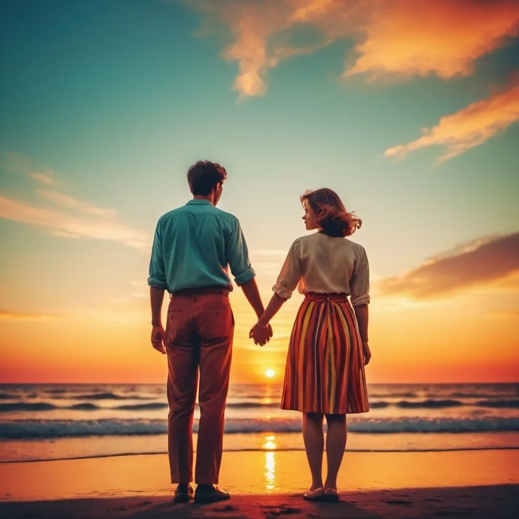 Prompt: A couple looking at the sunset by the sea holding hands retro sky style with bright colorful colors. A photo at an angle from below has a wider range of colors