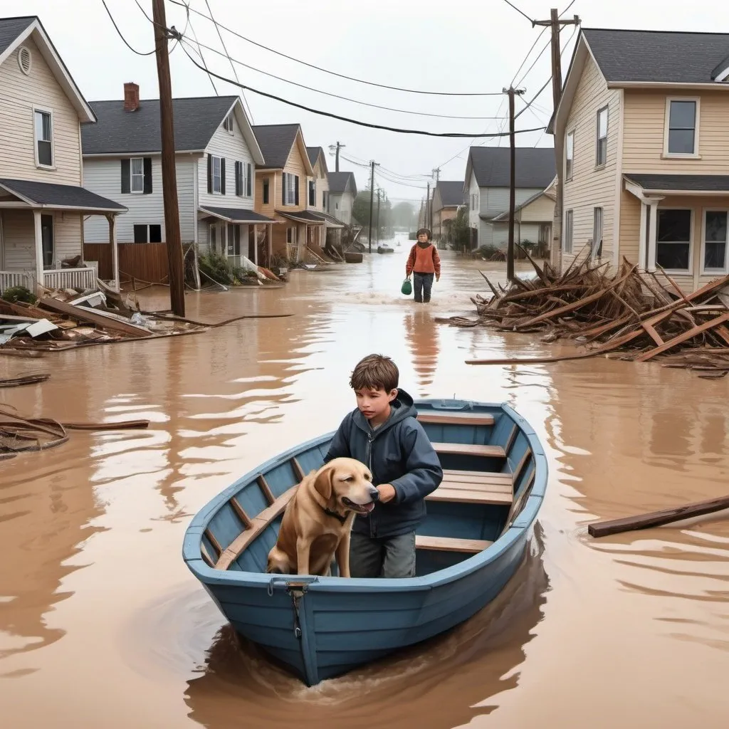 Prompt: A child and his dog being rescued in a boat, in a suburban town inundated by catastrophic flooding. Realistic drawing mode. Make it emotional appealing, demonstrating the devastation that the storm caused, destroyed houses, fallen poles.