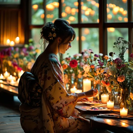 Prompt: A candlelit room, filled with flowers, a woman in kimono painting 