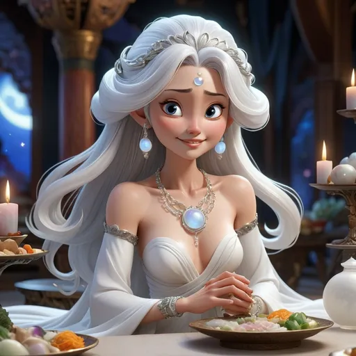 Prompt: "Large ornate banquet hall, Tsukuyomi, a moon goddess, with silver hair,  wearing a flowing white gown, and radiating lunar grace, white skin with celestial jewelry and moonstone bracelets with a tense face sitting at a lavish table, Ukemochi smiling, serving food. Pixar Animation, 3D realistic."