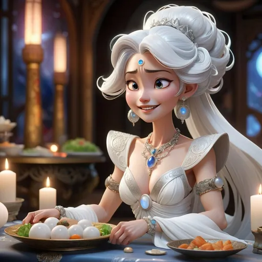 Prompt: "Large ornate banquet hall, Tsukuyomi, a moon goddess, with silver hair,  wearing a flowing white gown, and radiating lunar grace, white skin with celestial jewelry and moonstone bracelets with a tense face sitting at a lavish table, Ukemochi smiling, serving food. Pixar Animation, 3D realistic."