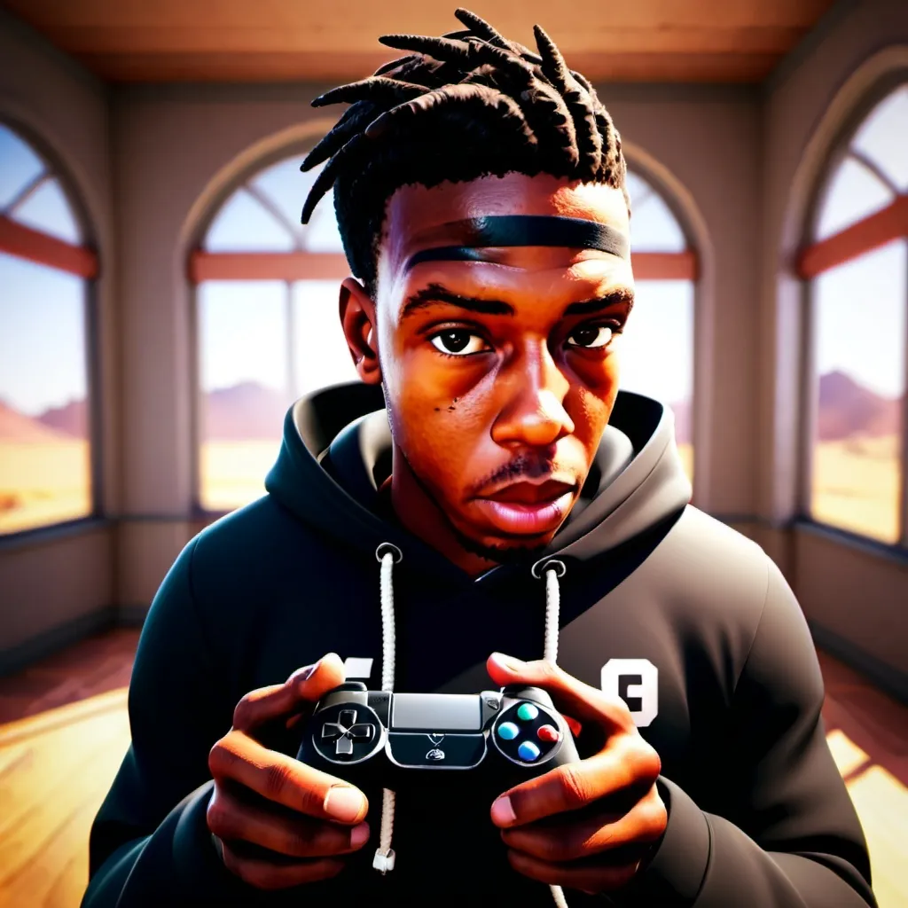 Prompt: a man in a black hoodie holding a game controller in his hands and looking at the camera with a serious look on his face, Chris LaBrooy, photorealism, unreal engine 5 quality render, a character portrait