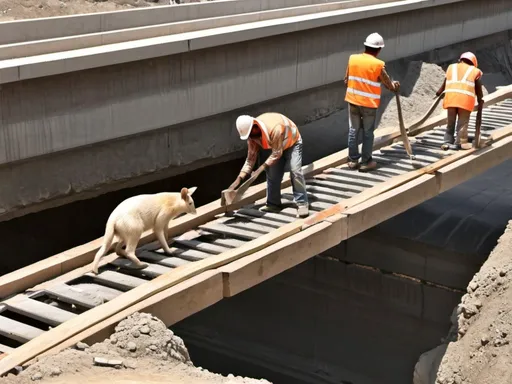 Prompt: Construction of bridge working by animals