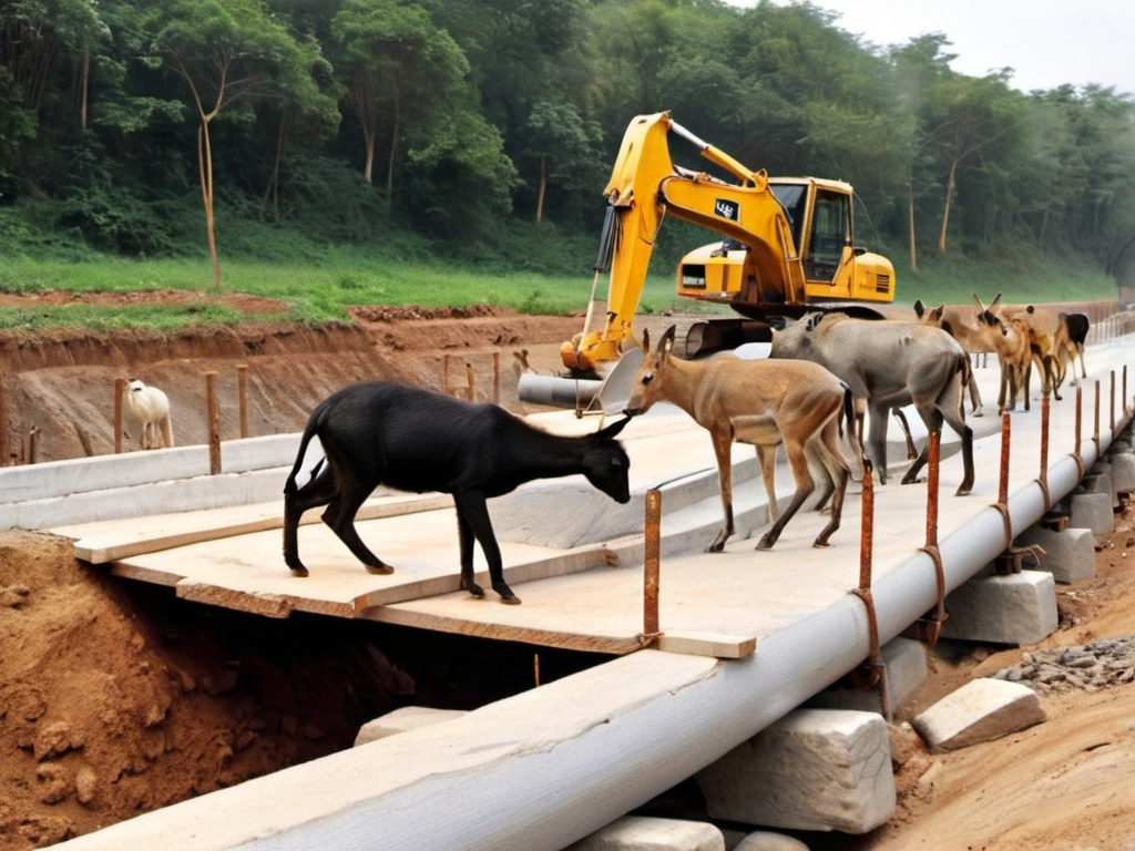 Prompt: Construction of bridge working by animals