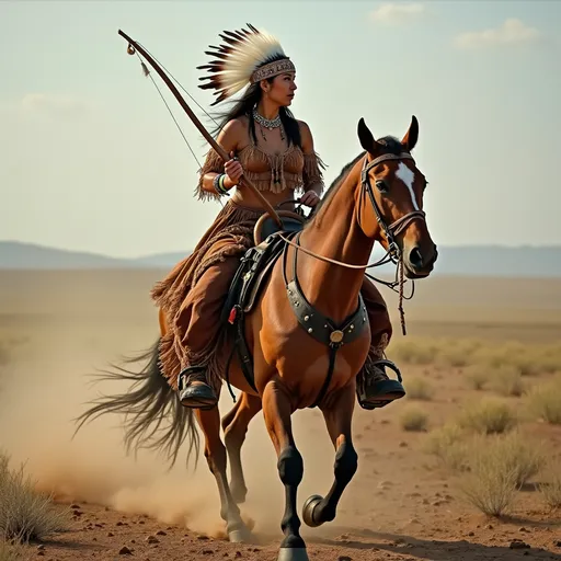 Prompt: Native American woman riding on horseback holding bow
