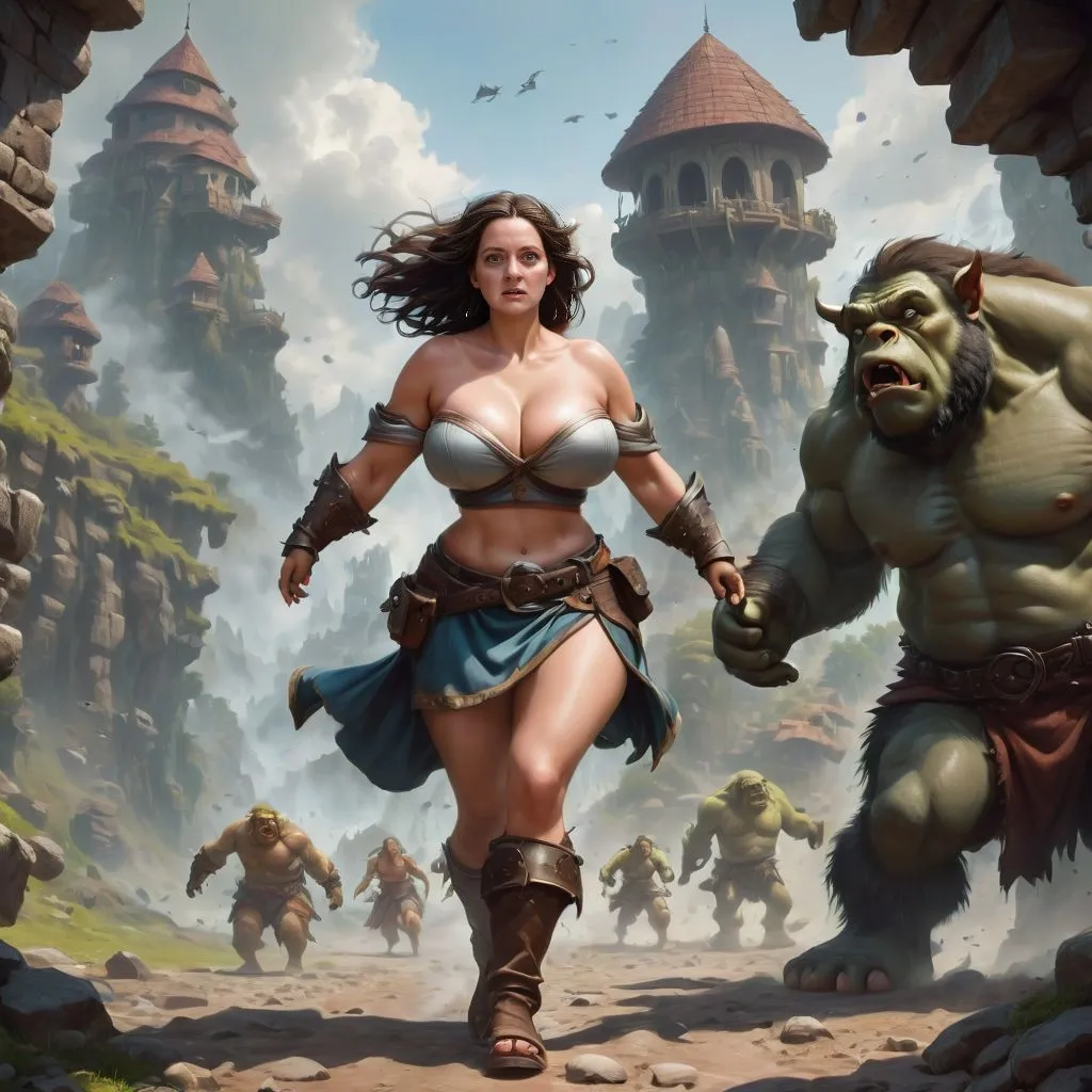 Prompt: Curvy , female adventurer , running , orcs  ,fantasy realm, short dress, boots, beautiful body