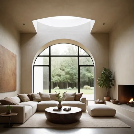 Prompt: modern living room organic interior large window plaster walls

