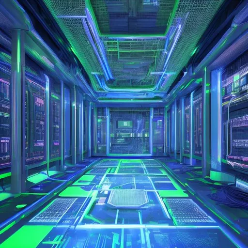 Prompt: 3D rendering of a futuristic datacenter, servers and network equipment being replaced, high-tech and futuristic setting, advanced holographic displays, cool blue and green color tones, dramatic and atmospheric lighting, ultra-detailed, sci-fi, cyberpunk, highres, futuristic technology