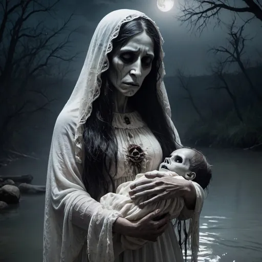 Prompt: Close up of La Llorona, holding the body of her dead child. River, spooky, mist, night, full moon, crying, ghost,