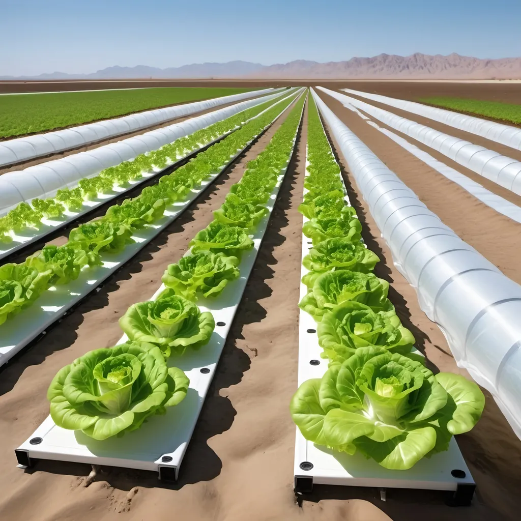 Prompt: Photorealistic photo of a hydroponic nutrient film technique system growing lettuce. The hydroponic system is located in a sand desert. 