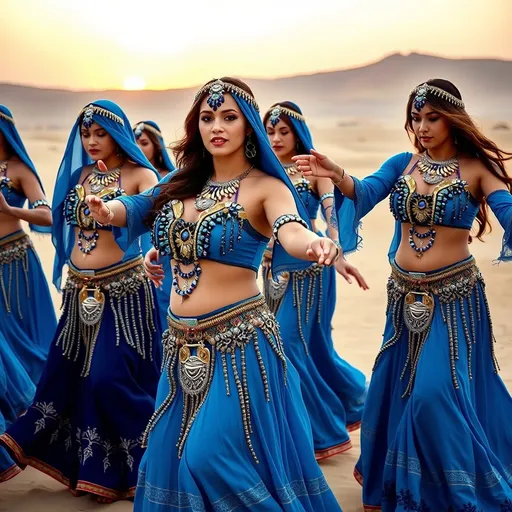 Prompt: The image shows a group of women in traditional blue belly dance costumes, adorned with intricate metal and bead decorations, performing in a desert setting at sunset.