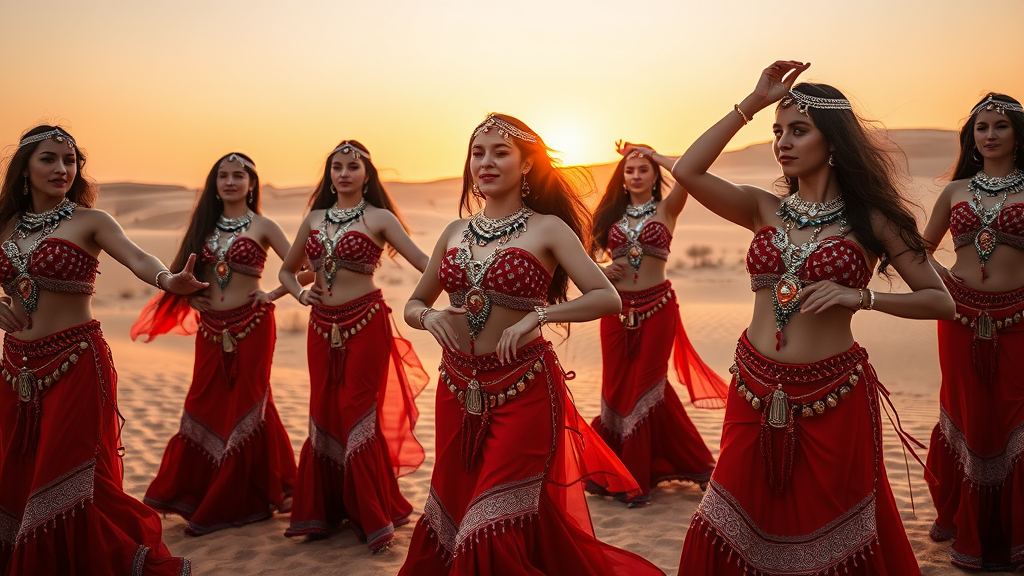 Prompt: The image shows a group of women in traditional red belly dance costumes, adorned with intricate metal and bead decorations, performing in a desert setting at sunset. 