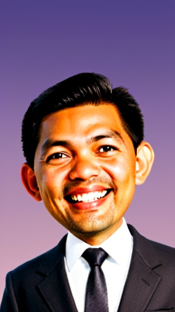 Prompt: Caricature of a big head of an Indonesian person, wearing a suit, pants, shoes, standing with a smiling expression, color gradation background, Disney Pixar style