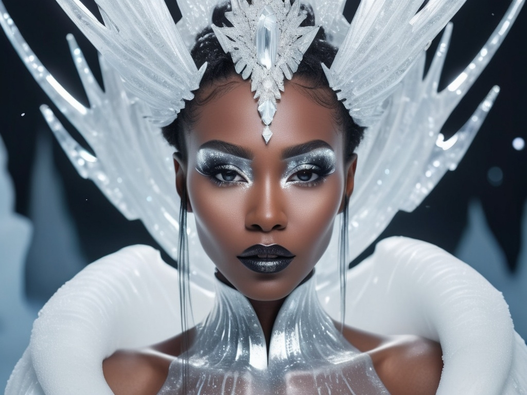 Prompt: Futuristic black queen of ice in white silence contrasted by her skin and futuristic virgen make up.