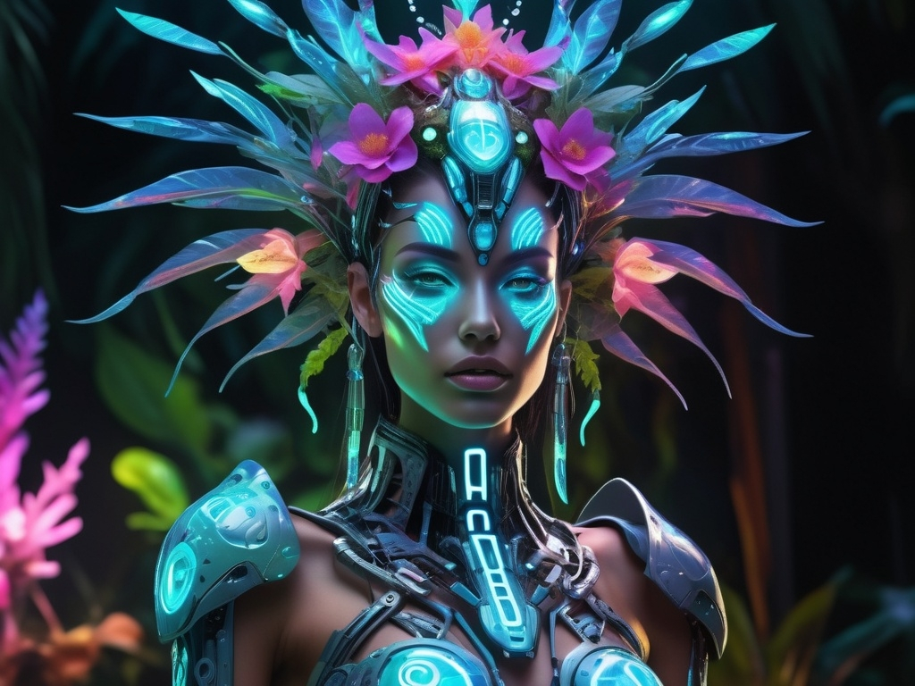 Prompt: Futuristic fashionistic android shaman in a parallel crystal jungle.