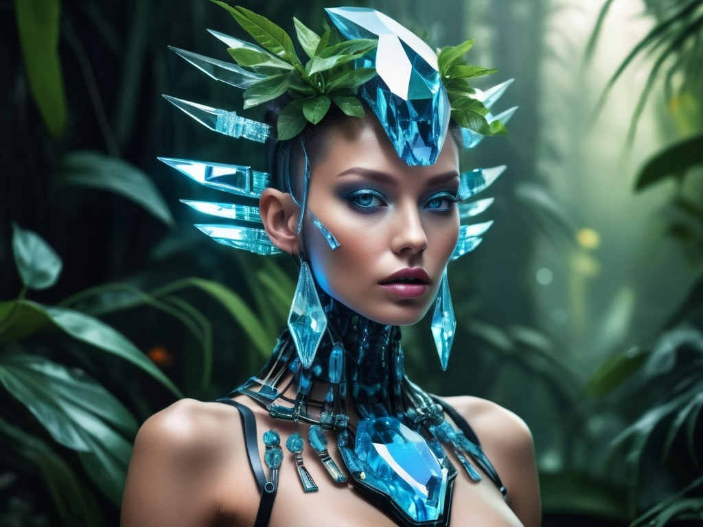 Prompt: Futuristic fashionistic android shaman in a parallel crystal jungle.