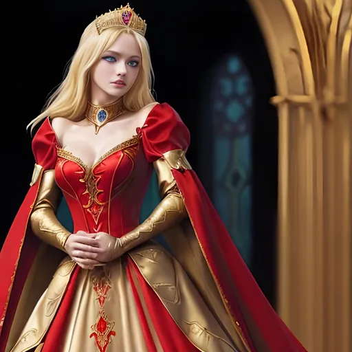 Prompt: A blonde human princess wearing a red medieval fantasy gown with gold trim and a tiara. She has a sense of grace about her and blue eyes