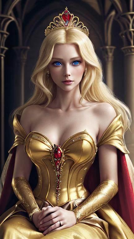 Prompt: A blonde human princess, garbed in a flowing red medieval fantasy gown, adorned with glittering gold trim and a regal tiara, exuding an air of sophistication and poise, with vividly blue eyes.
