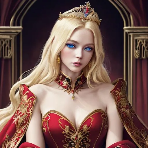 Prompt: A blonde human princess, garbed in a flowing red medieval fantasy gown, adorned with glittering gold trim and a regal tiara, exuding an air of sophistication and poise, with vividly blue eyes.