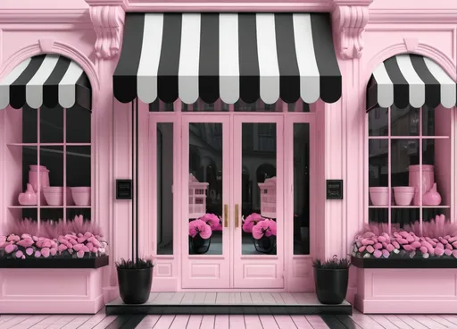 Prompt: 4k image of a pink and black striped store front with flowers in the window boxes and a black and white awning, Annabel Kidston, aestheticism, pink, a digital rendering