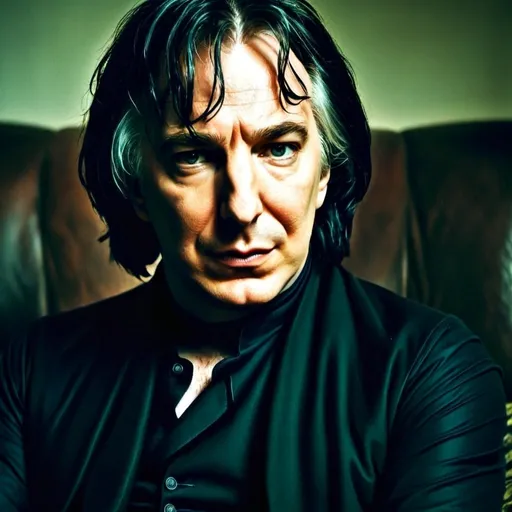 Prompt: Severus Snape by alan rickman sitting on a couch in his living room, dimli lit