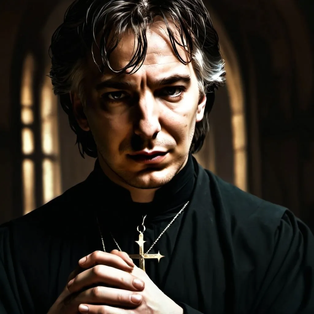 Prompt: Severus Snape by alan rickman, in a dark old church, as a saint and sinner priest, dimli lit